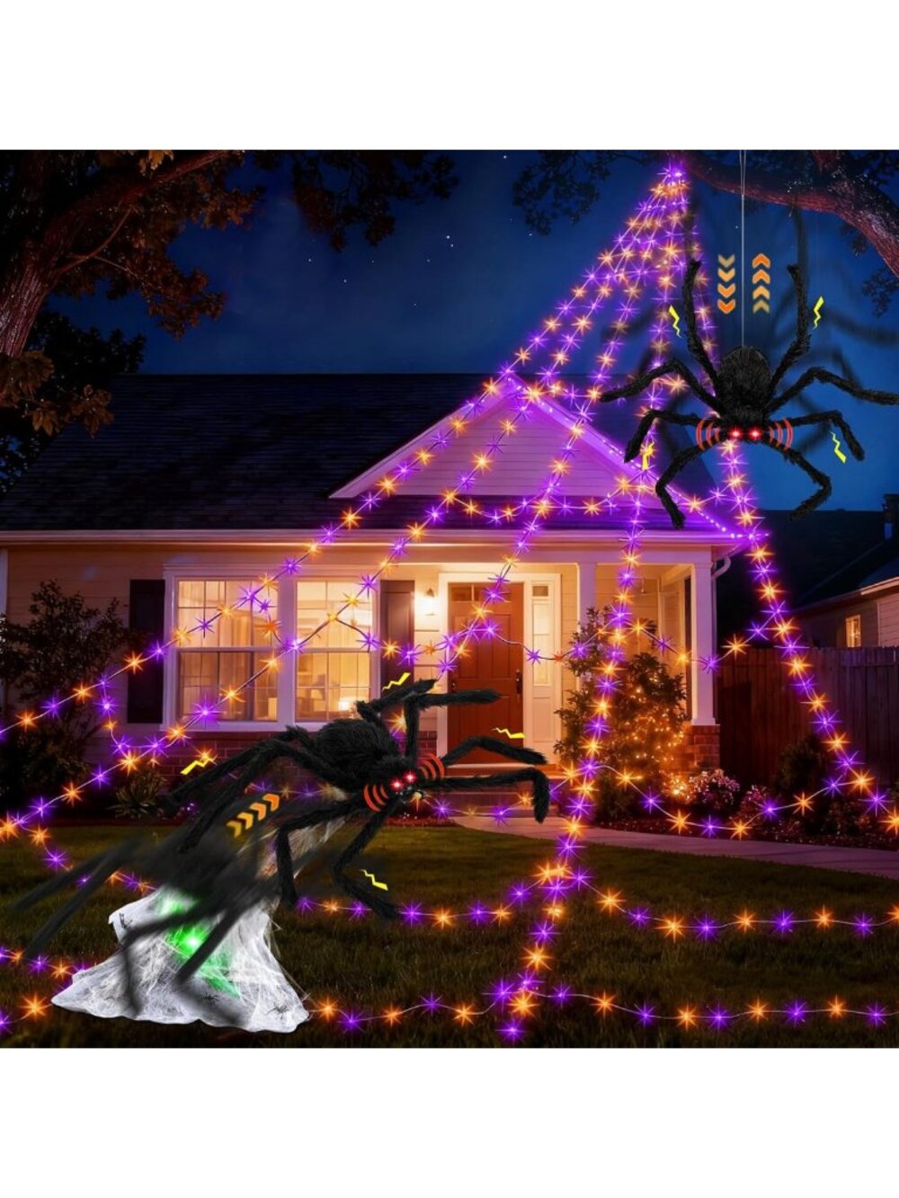 3 Pack Animated Jumping Spiders Halloween Decor - Light Up Web Set, Black